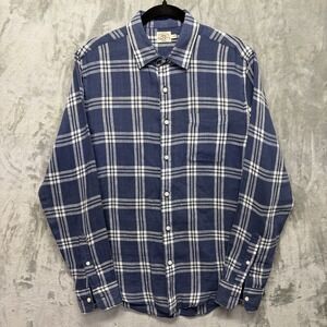 Faherty Mens Shirt Medium Linen Blue Plaid Long Sleeve Button Up $168
